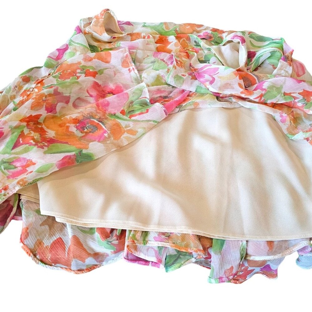 LAUREN‎ RALPH LAUREN Size XL Floral Layered Ruffle Skirt Colorful Chiffon - Picture 7 of 10